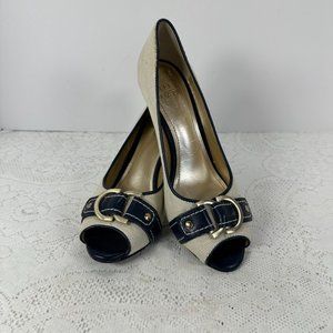 Alex Marie, Tan Canvas Open toe, Dark Black Leather Trim, Fabric/leather 6M